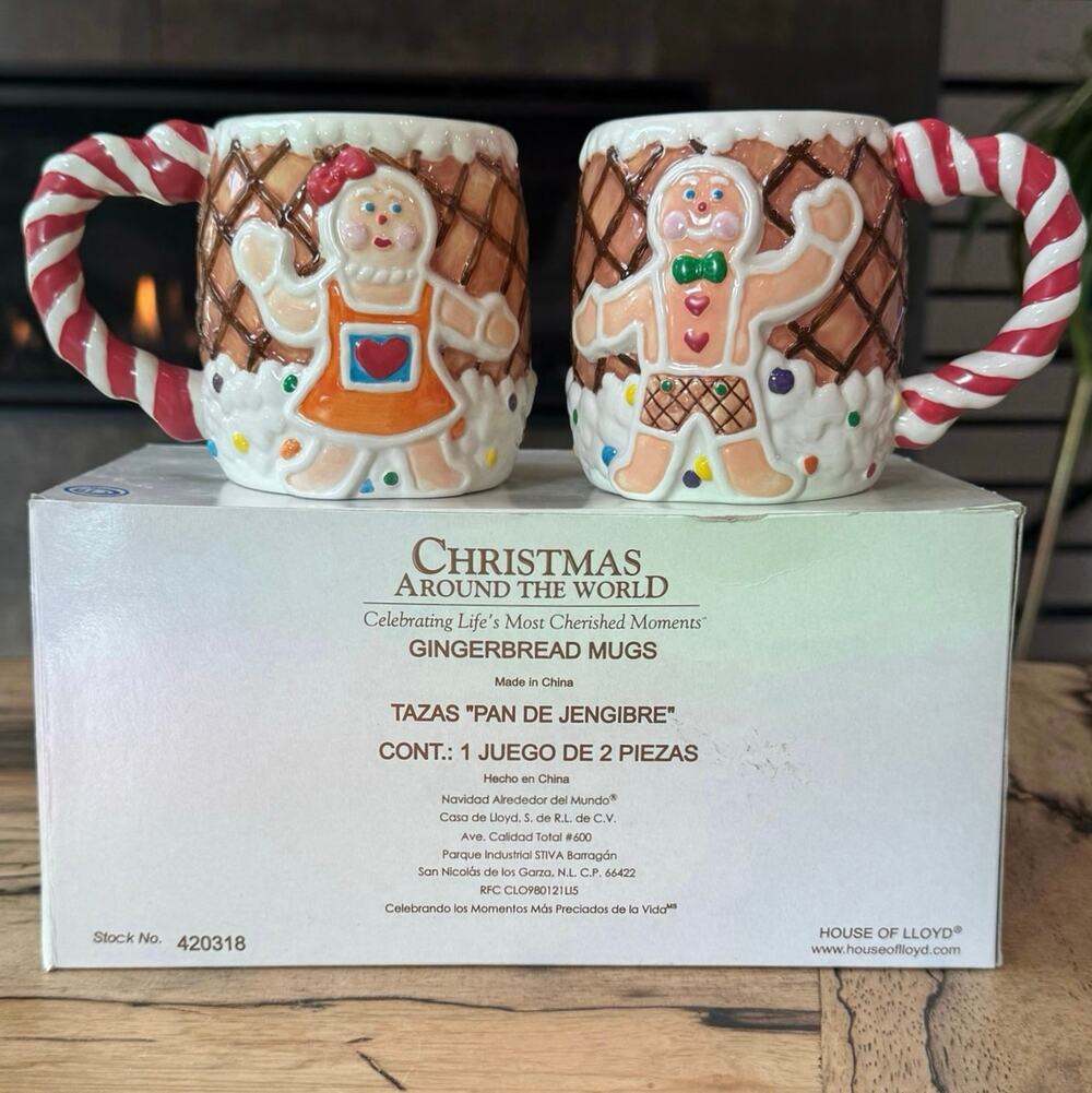 Vintage 2000 House of Lloyd Gingerbread Man & Woman Ceramic Christmas Mugs NIB